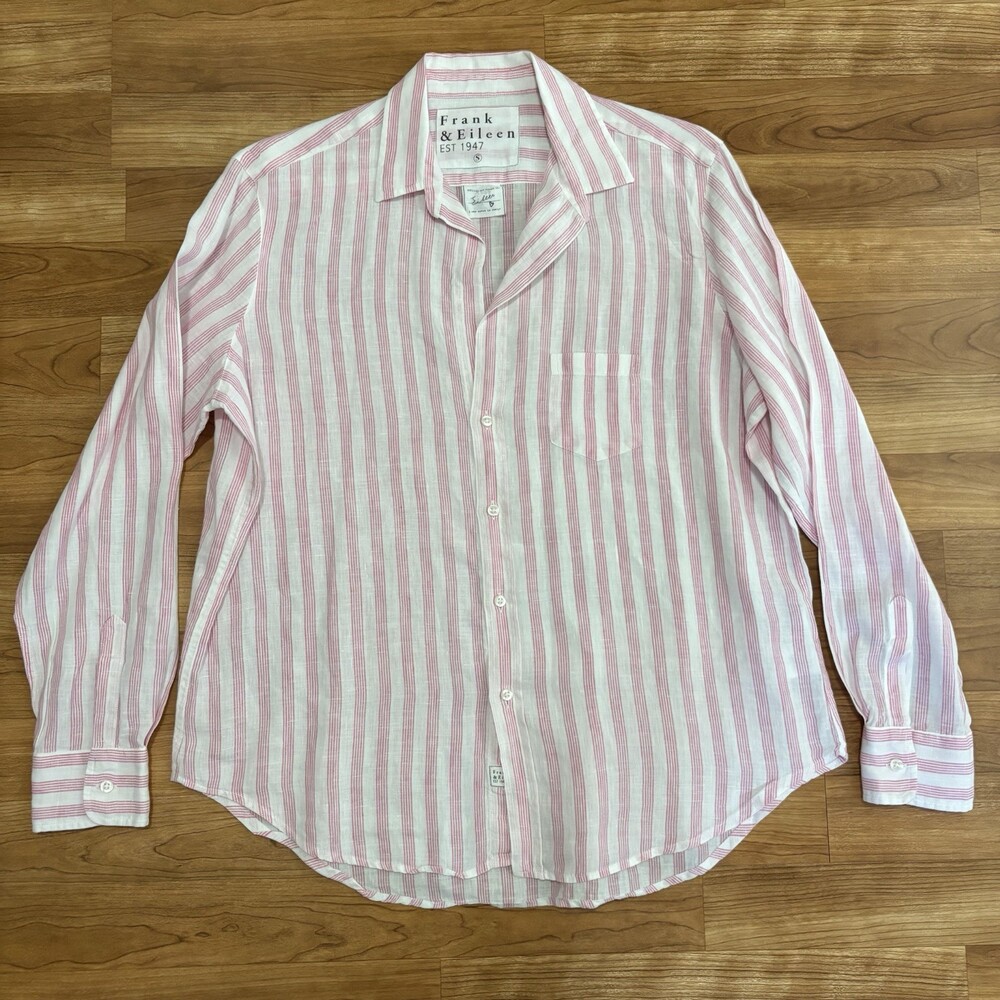 FRANK & EILEEN 100% Linen Shirt Striped Button Front Long Sleeve Pink White S